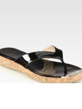 Jimmy Choo Black Patent Cork Wedge Thong Sandals Size 38.5